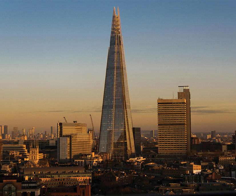 London at dusk showing the Shard and surrounding buildings